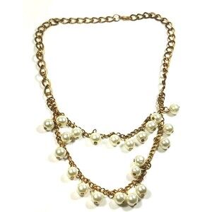 vintage gold tone double strand faux pearl dangle bib statement necklace jewelry